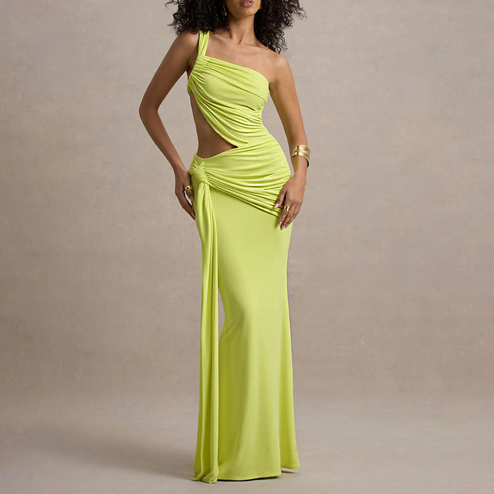 One Shoulder Cutout Ruched Maxi Dress – Elegant Evening Gown