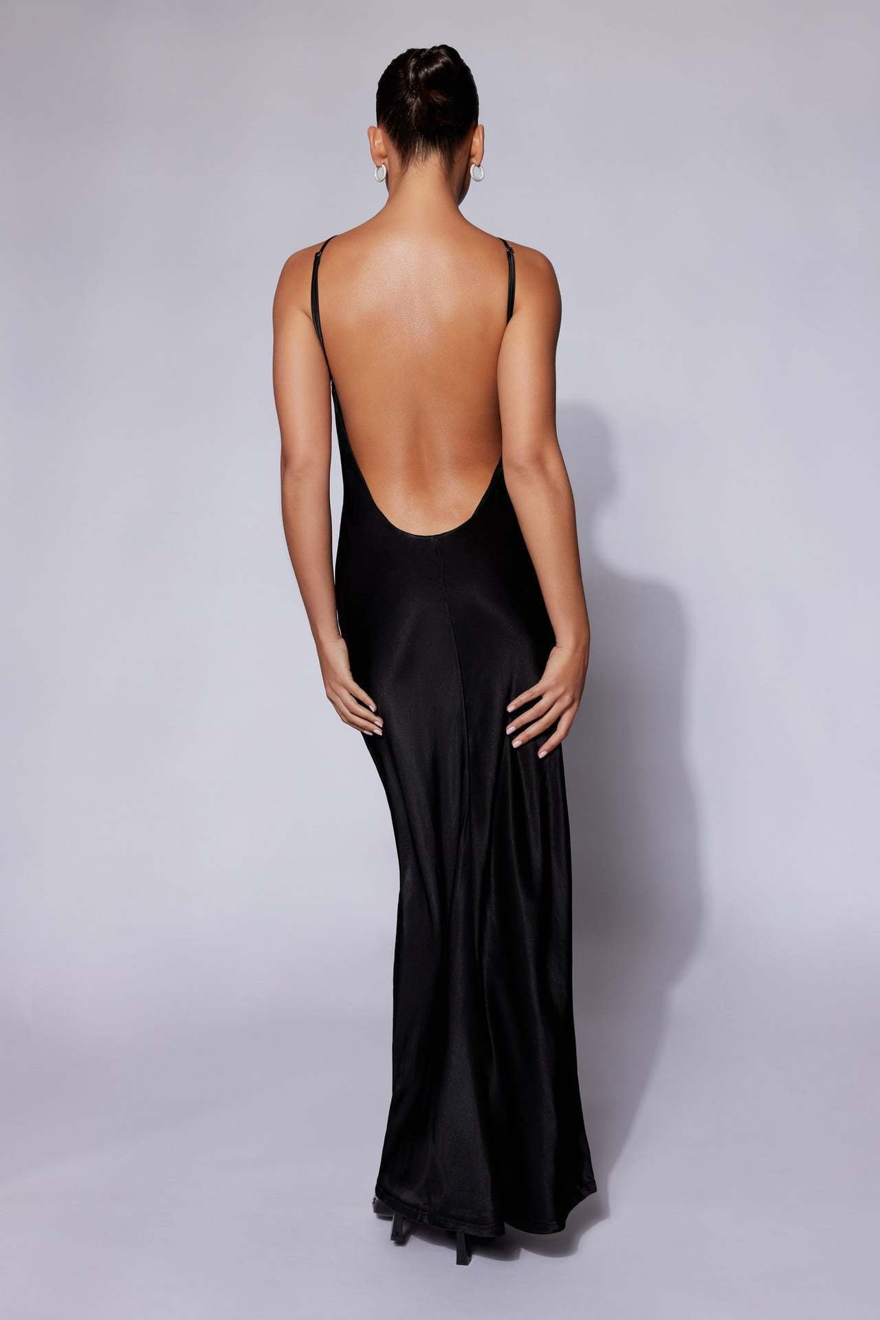 Black Satin Halter Maxi Dress with Cut-Out Front – Elegant Backless Evening Gown