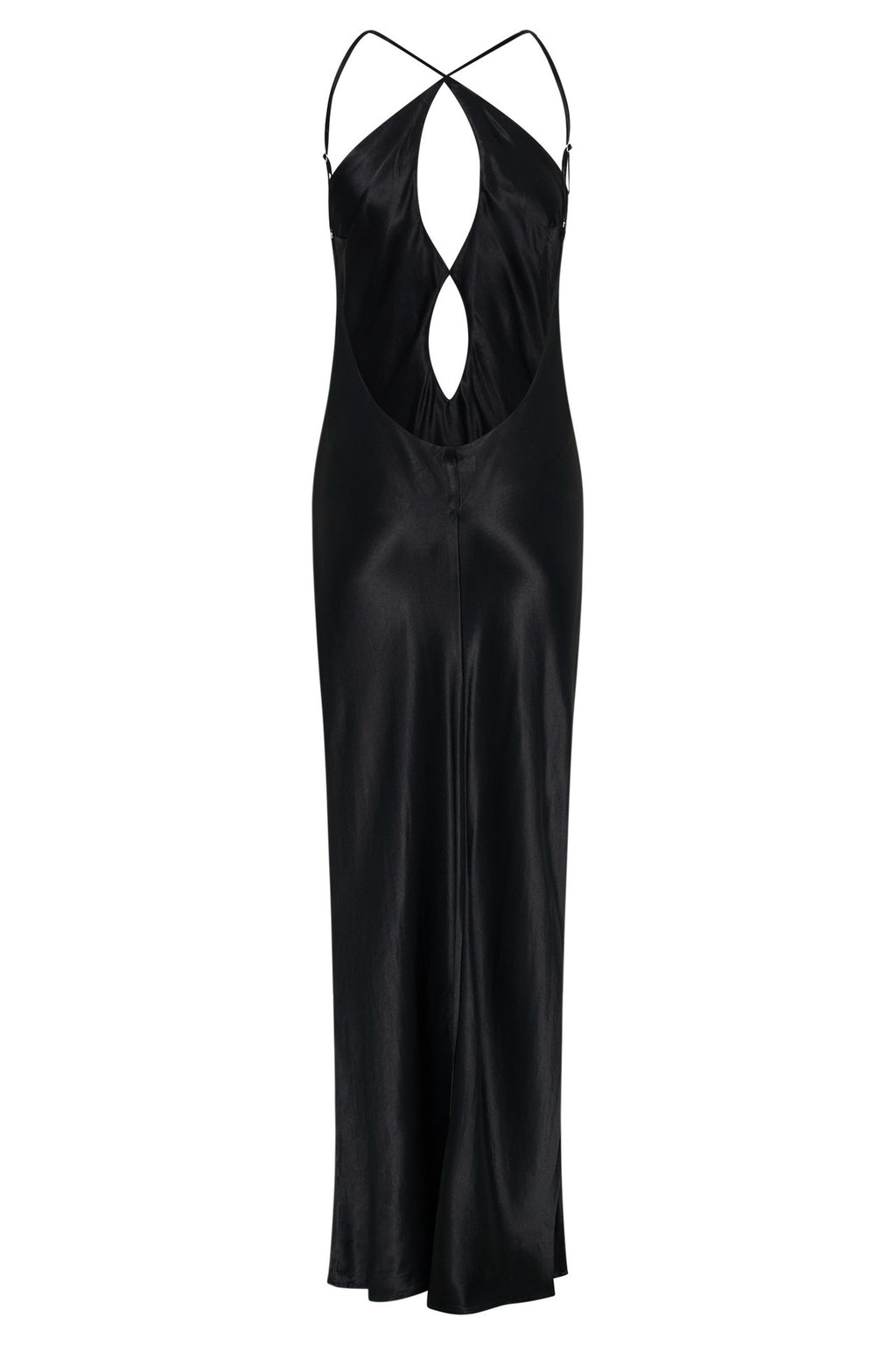 Black Satin Halter Maxi Dress with Cut-Out Front – Elegant Backless Evening Gown