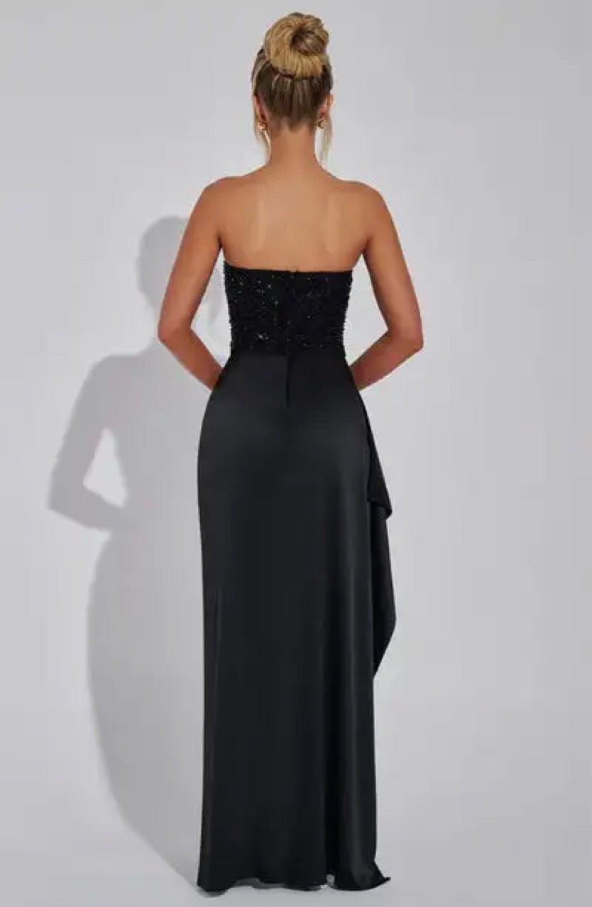 Black Strapless Sequin Bodice Evening Gown with High Slit