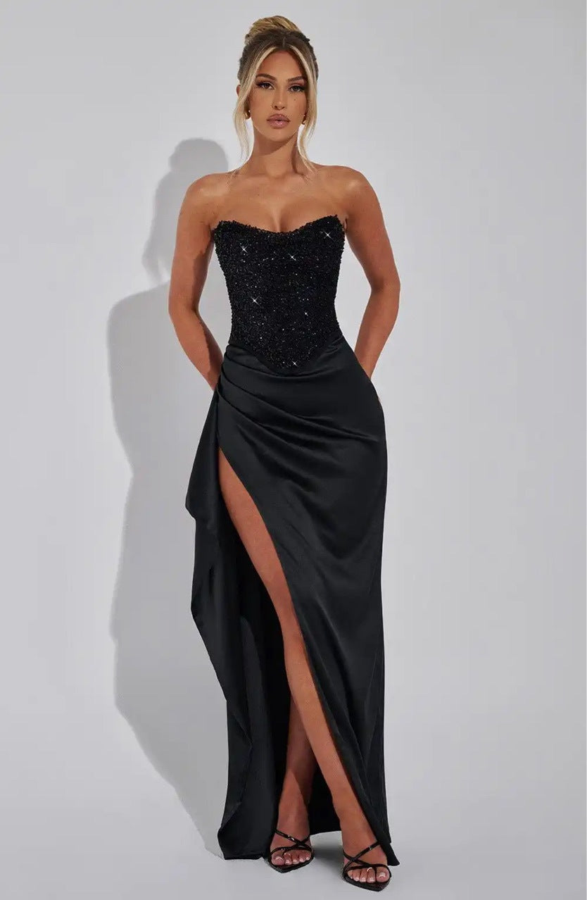 Black Strapless Sequin Bodice Evening Gown with High Slit