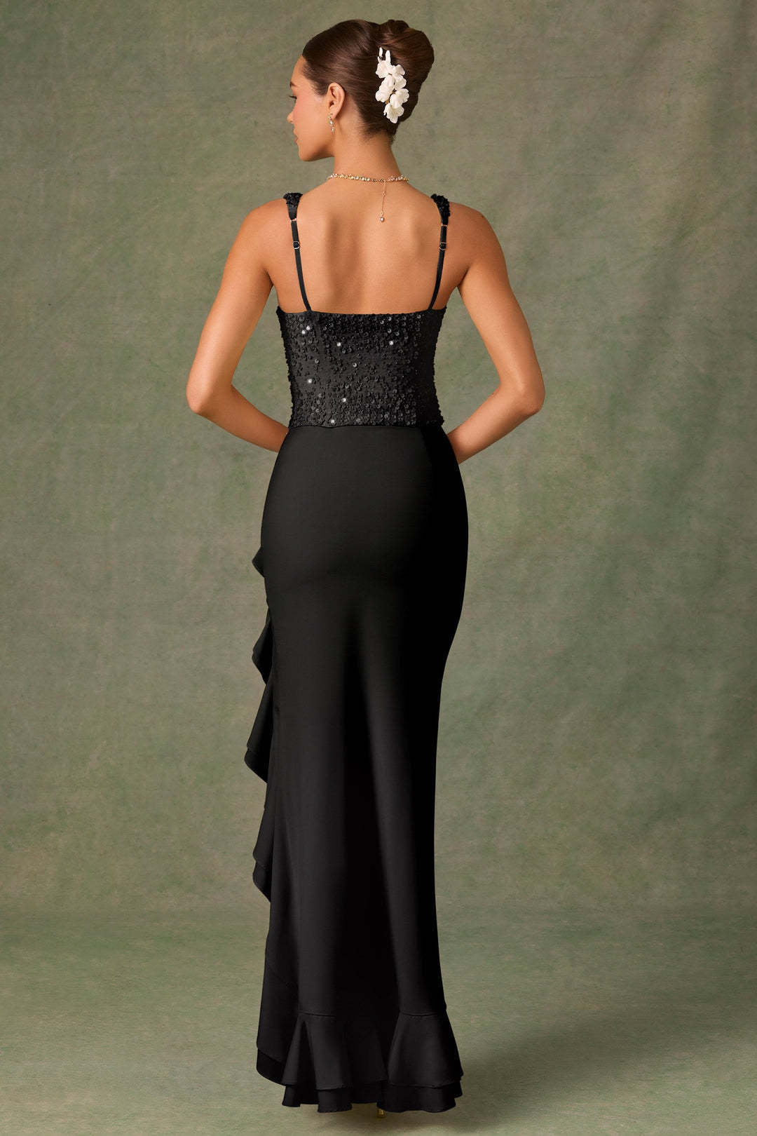 Sequin Bodice Ruffle Slit Maxi Dress – Elegant Evening Gown
