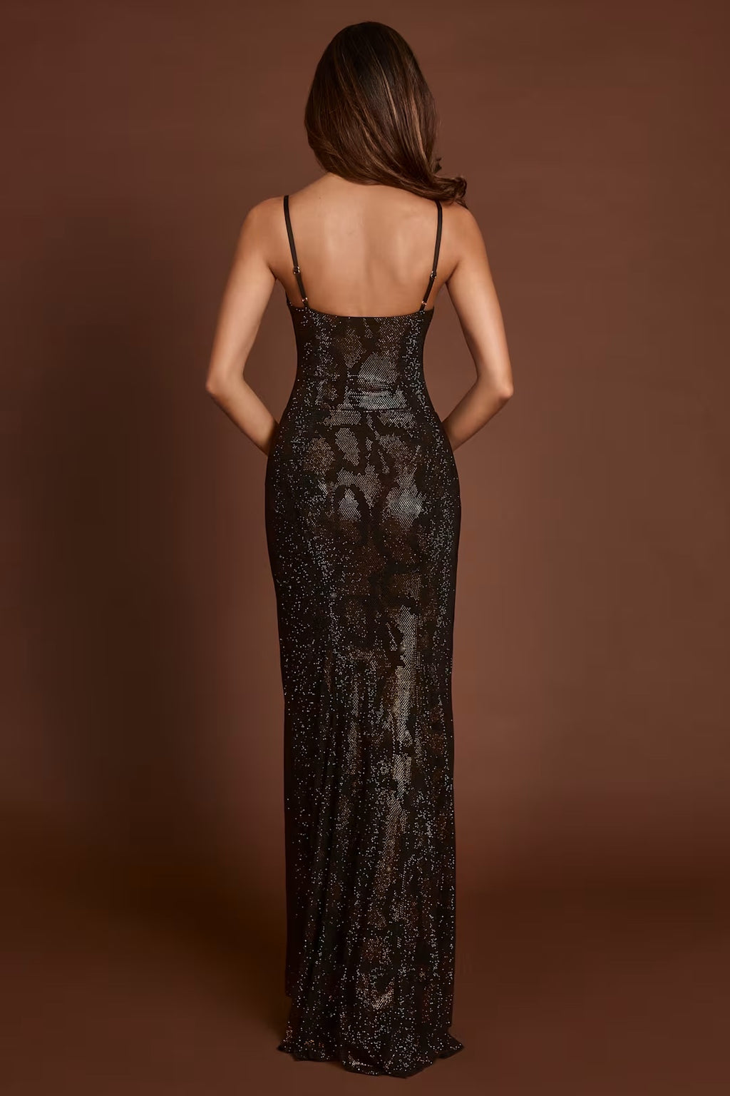 Black Sequin Spaghetti Strap Evening Gown with High Slit