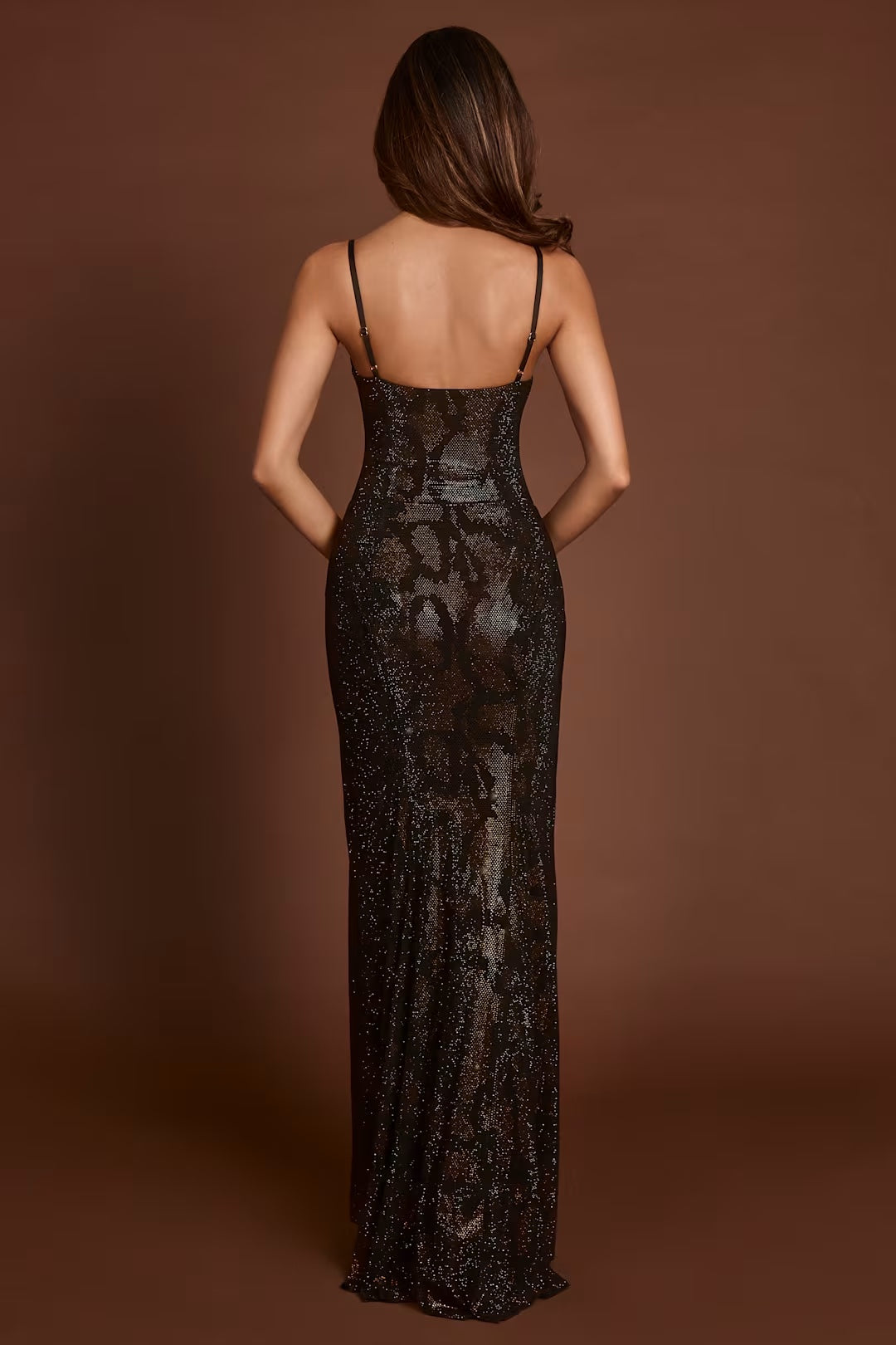 Black Sequin Spaghetti Strap Evening Gown with High Slit