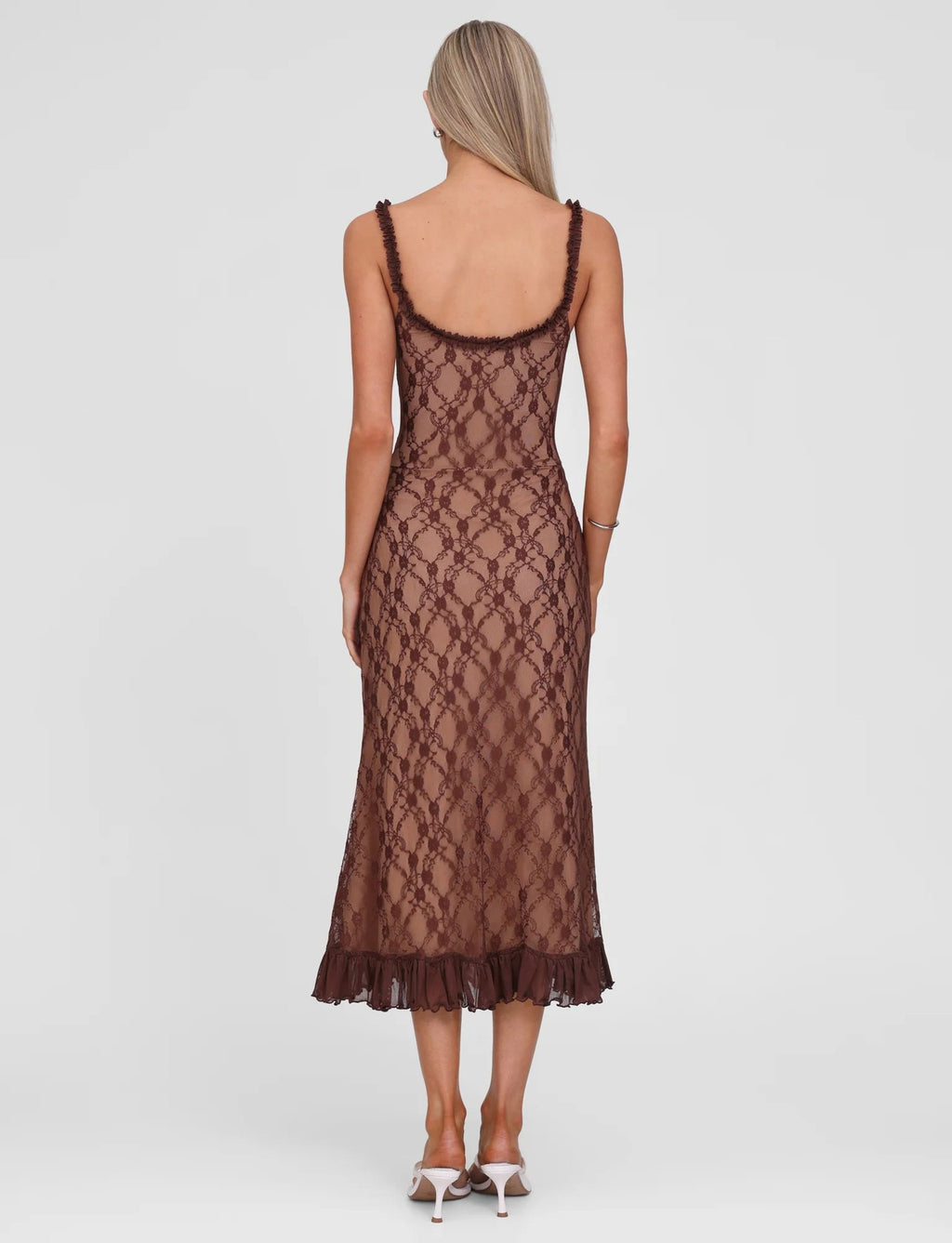 Lace Midi Dress with Ruffle Hem – Elegant Sleeveless Bodycon