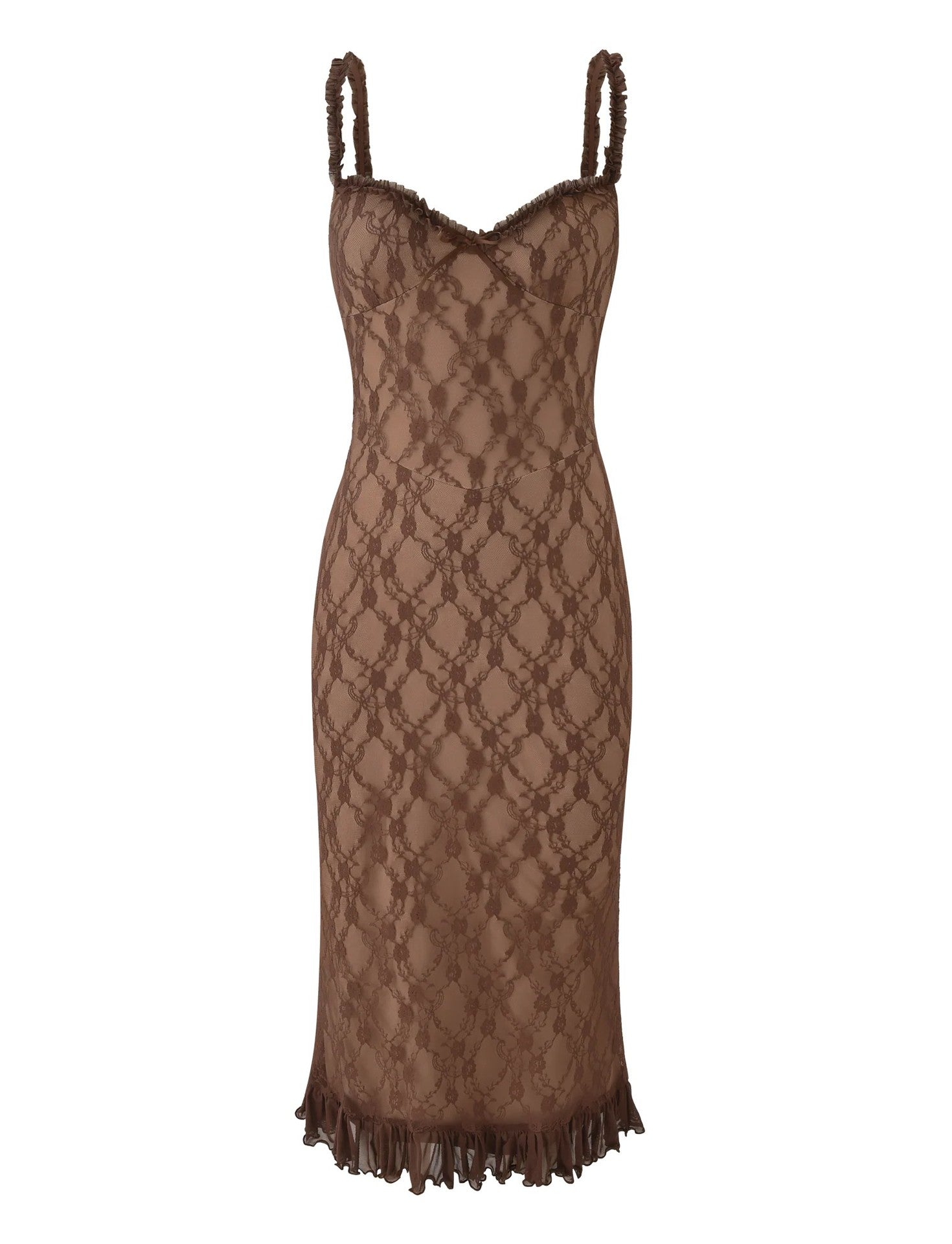 Lace Midi Dress with Ruffle Hem – Elegant Sleeveless Bodycon