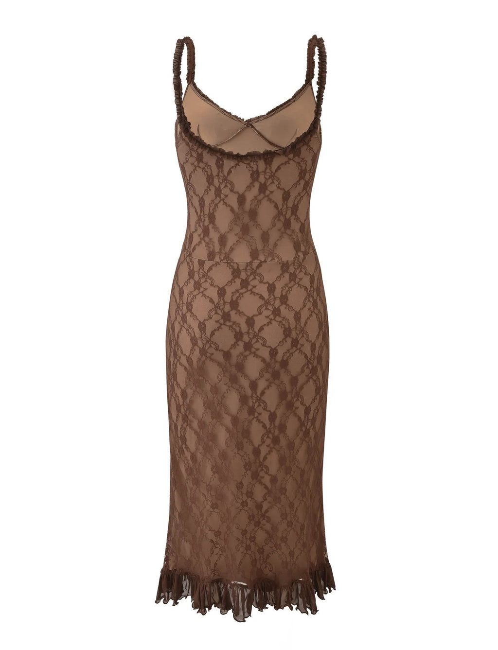 Lace Midi Dress with Ruffle Hem – Elegant Sleeveless Bodycon