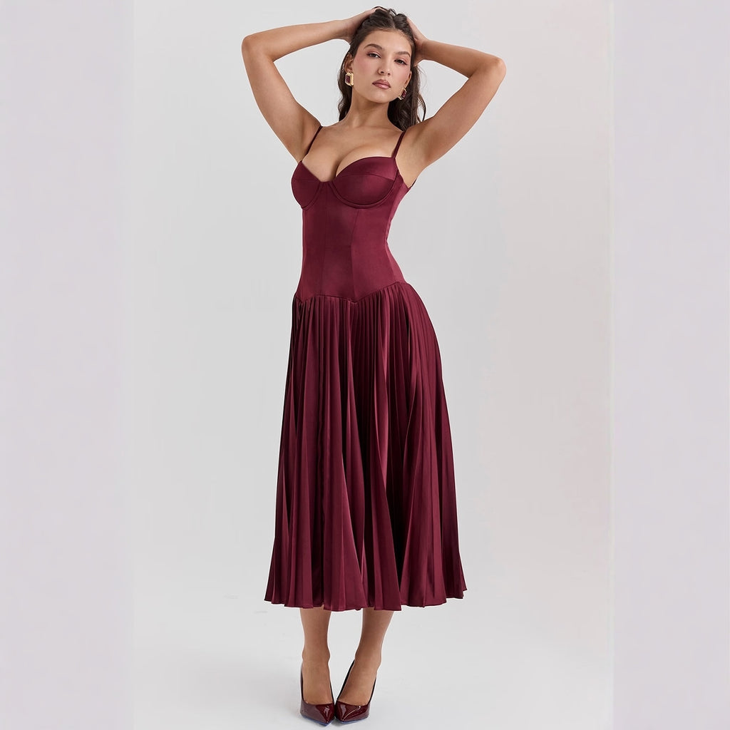 Elegant Burgundy Midi Dress with Corset Bodice and Pleated Skirt