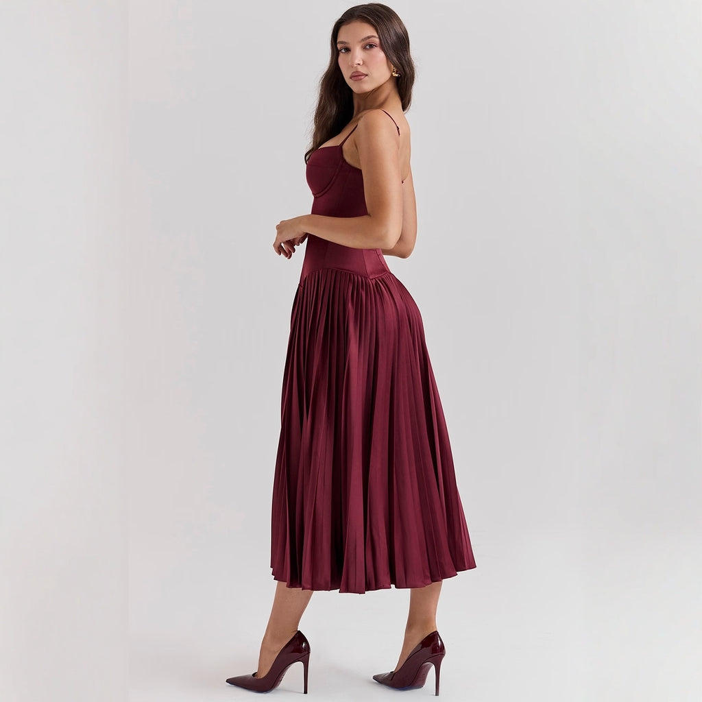 Elegant Burgundy Midi Dress with Corset Bodice and Pleated Skirt