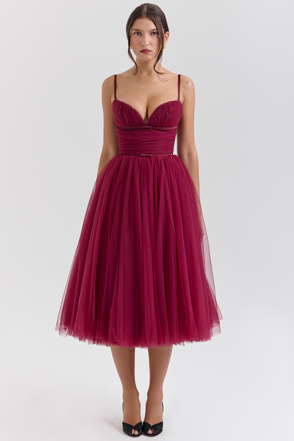 Elegant Burgundy Tulle Midi Dress with Spaghetti Straps