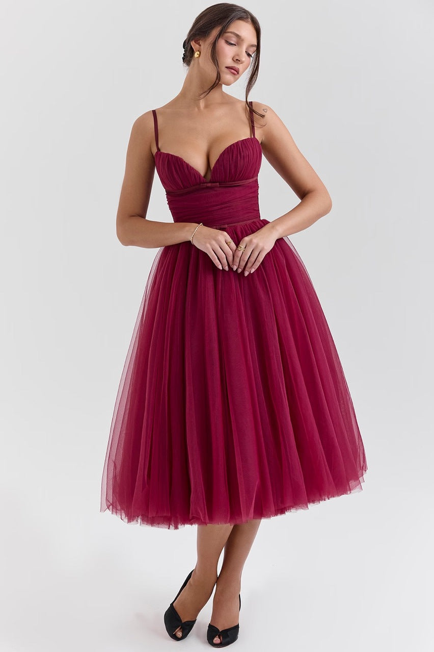 Elegant Burgundy Tulle Midi Dress with Spaghetti Straps