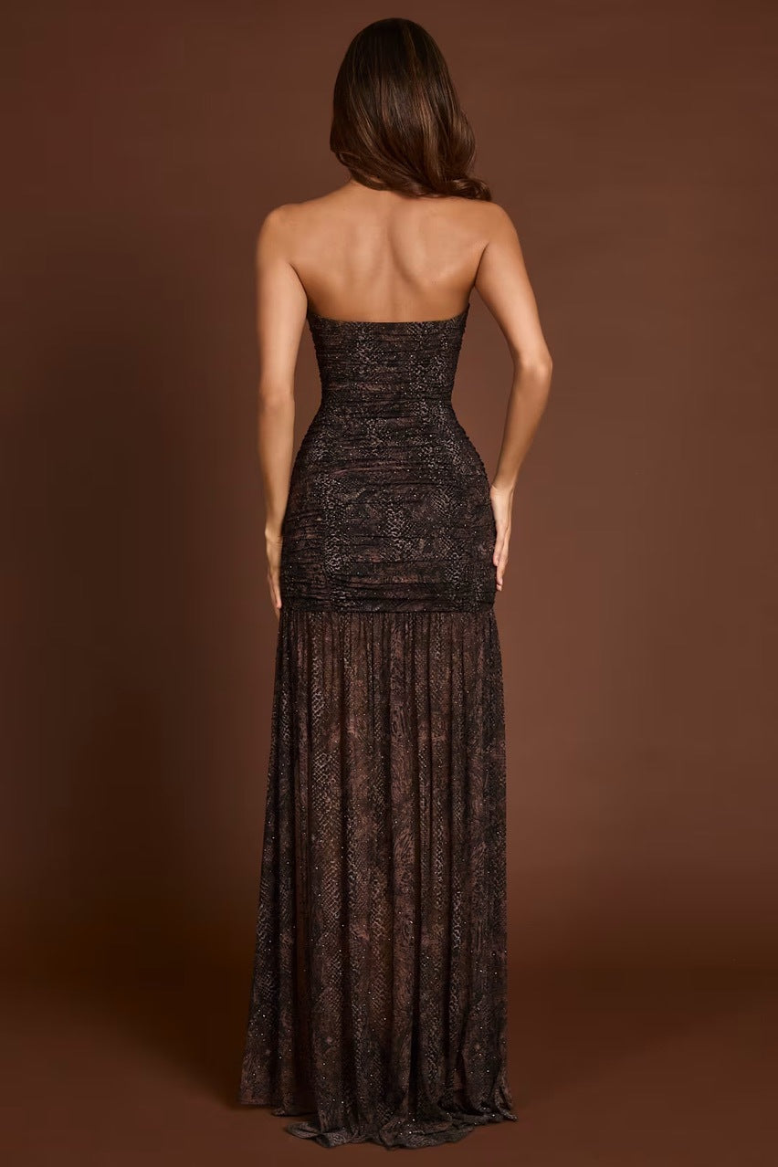Elegant Black Strapless High Slit Evening Maxi Dress