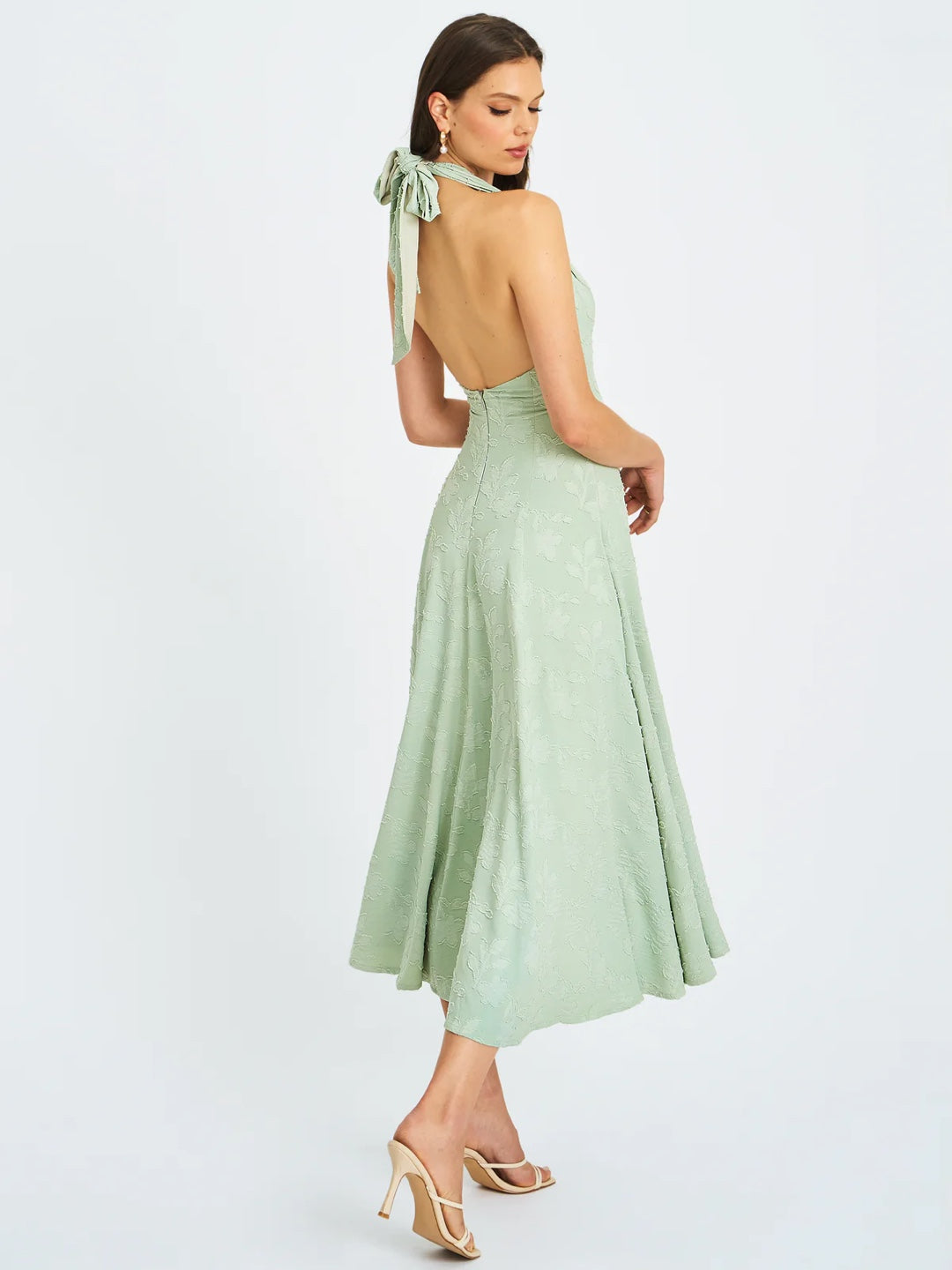 Elegant Halter Deep V-Neck Green Midi Dress – Backless A-Line Evening Dress
