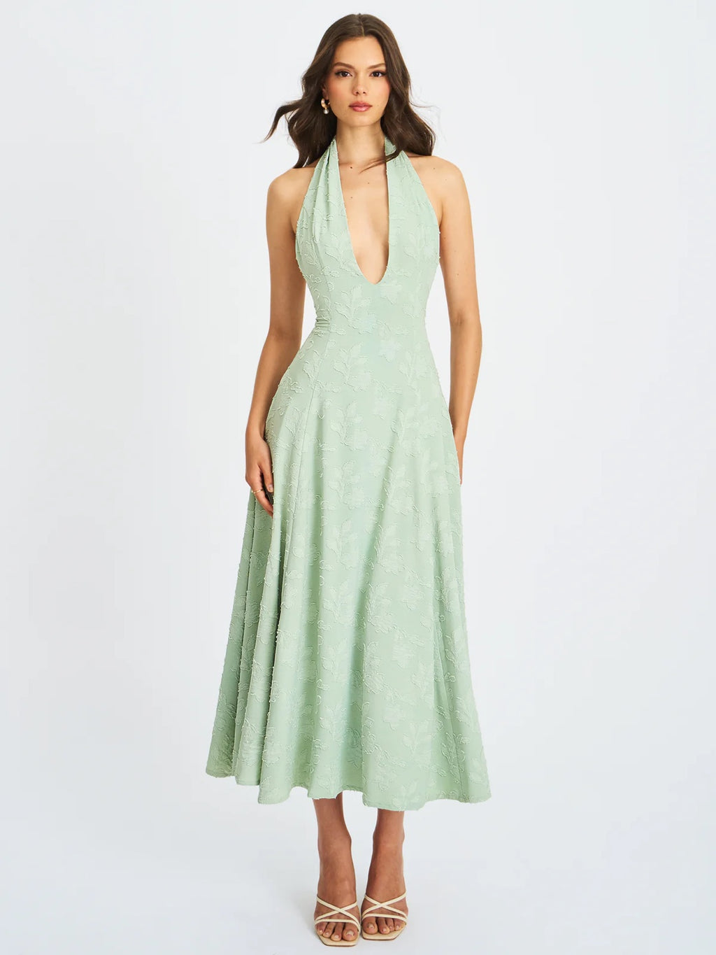 Elegant Halter Deep V-Neck Green Midi Dress – Backless A-Line Evening Dress