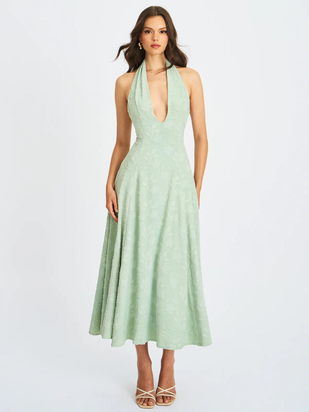 Elegant Halter Deep V-Neck Green Midi Dress – Backless A-Line Evening Dress