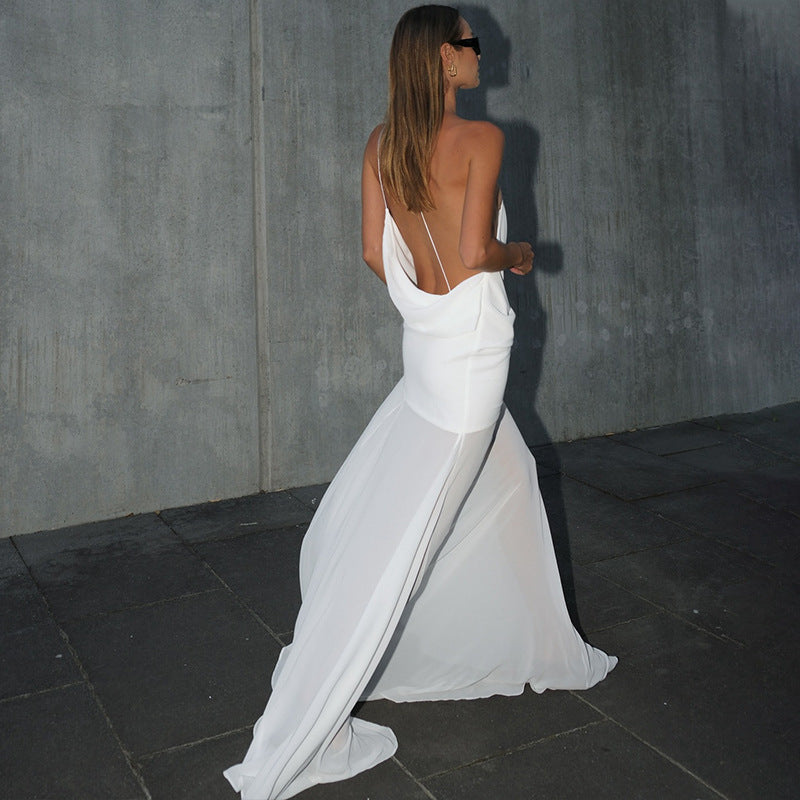 Elegant White Backless Maxi Dress with Deep V Neck