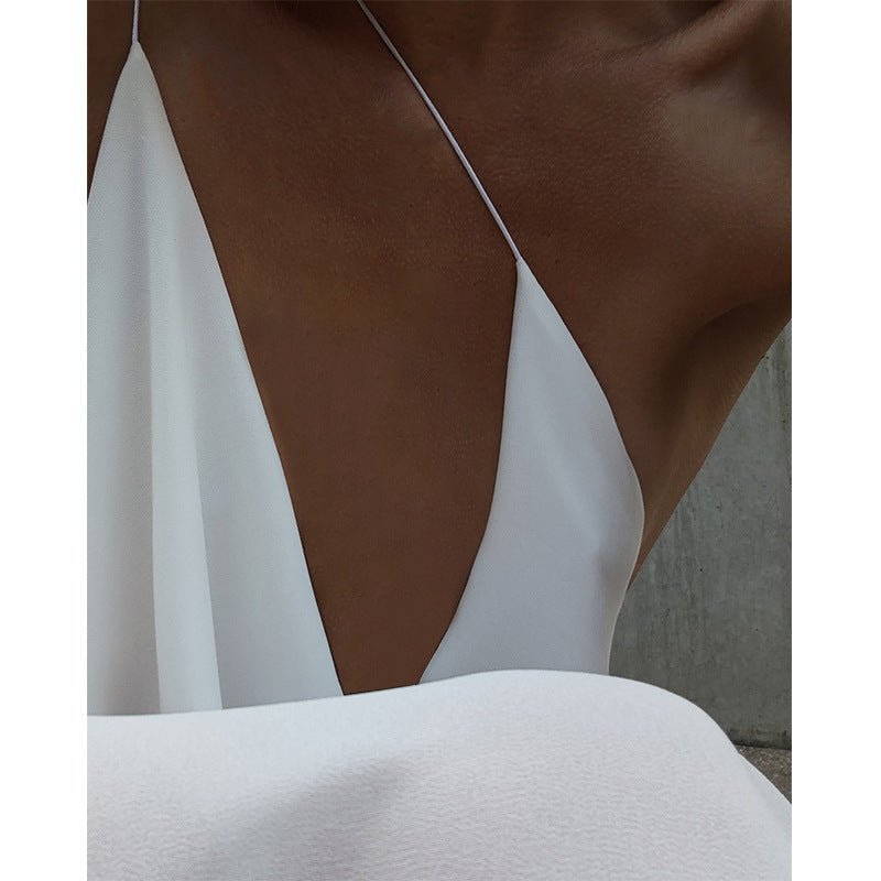 Elegant White Backless Maxi Dress with Deep V Neck