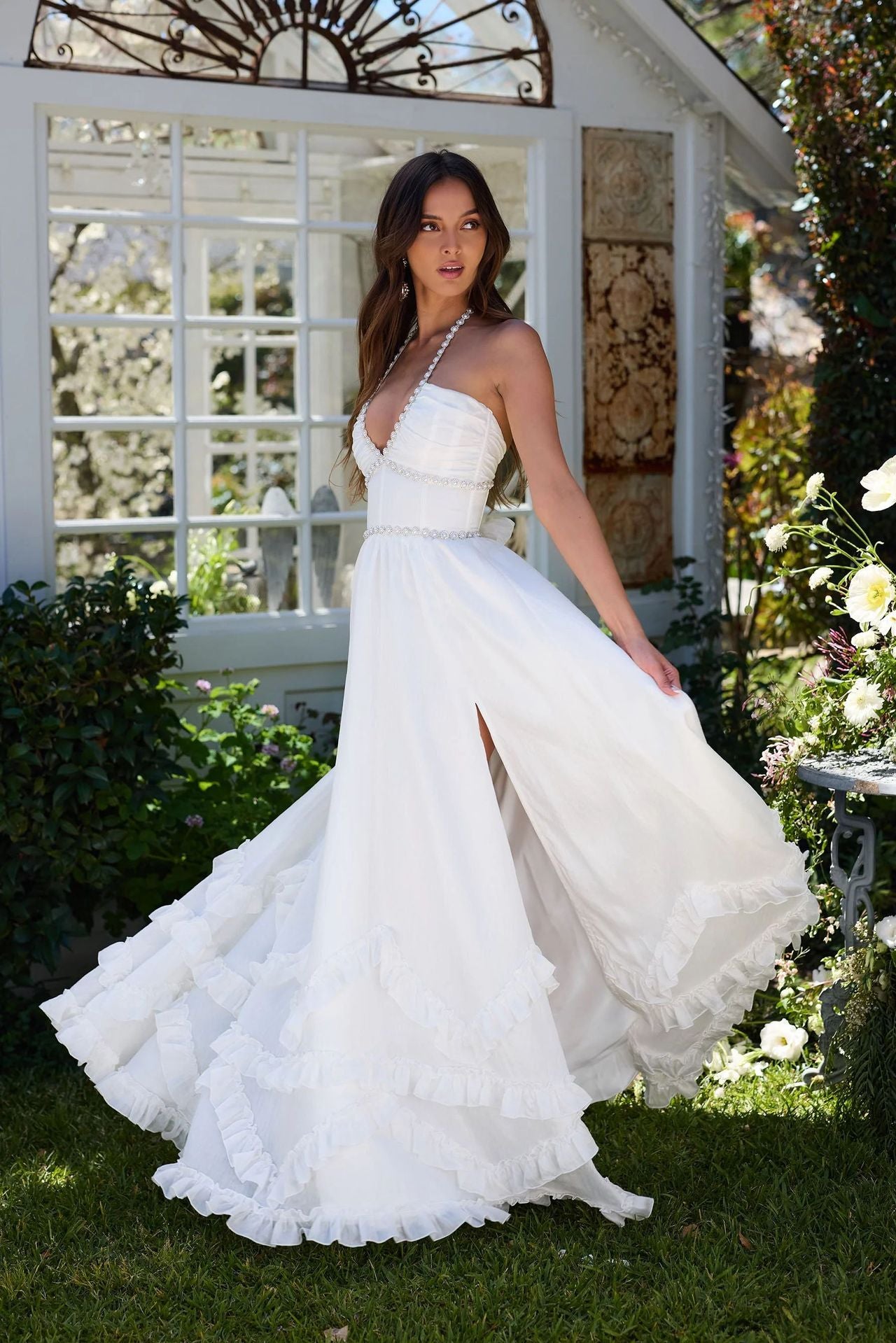 Floral Print Halter Maxi Dress with Ruffle Hem and High Slit