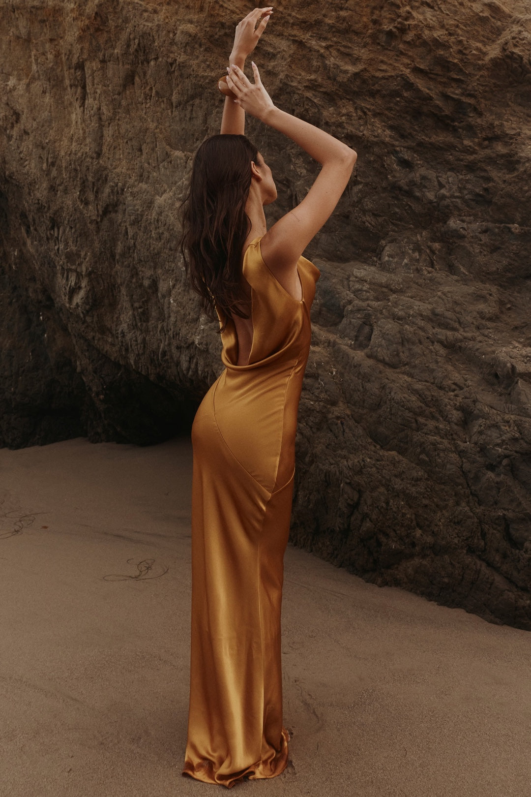 Elegant Gold Satin Cowl Neck Evening Maxi Dress