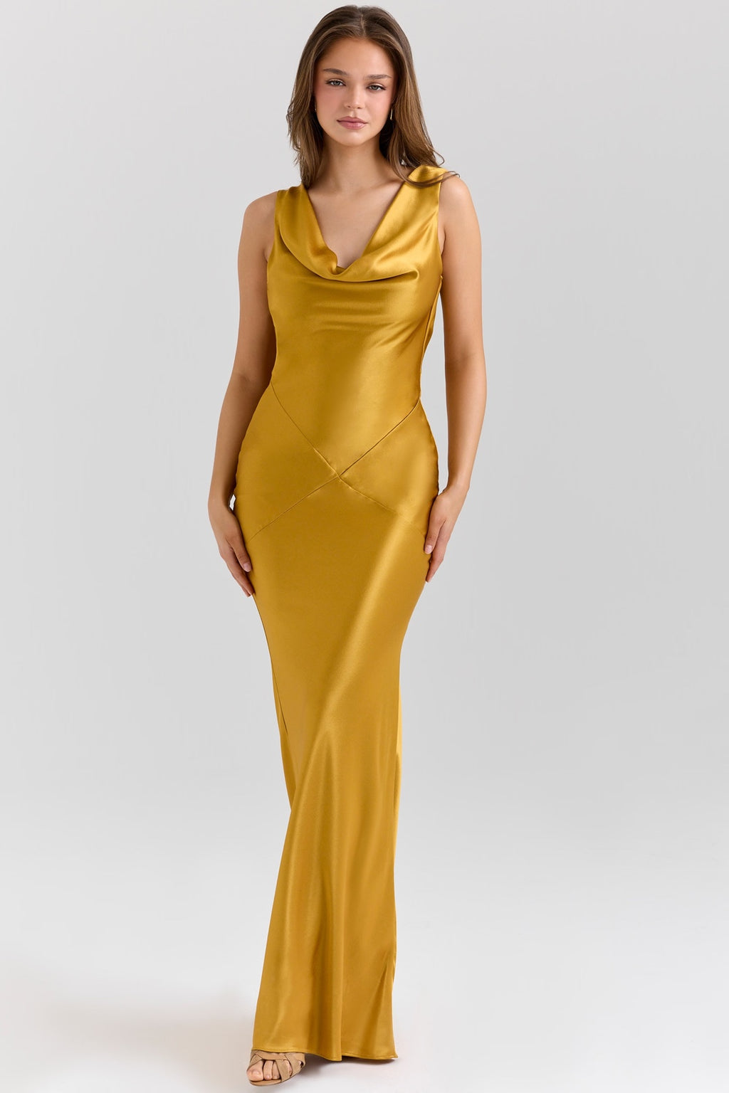 Elegant Gold Satin Cowl Neck Evening Maxi Dress