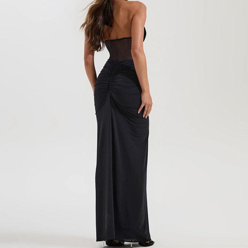Caroline White & Black Halter Neck Corset Maxi Dress with Sheer Bodice