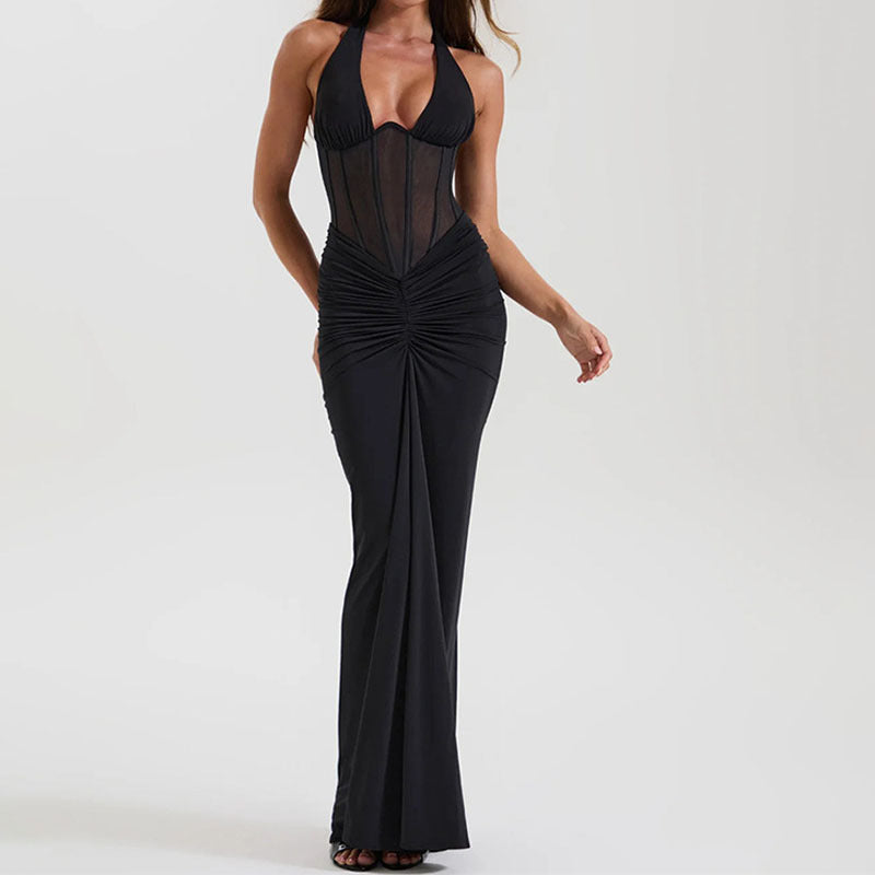 Caroline White & Black Halter Neck Corset Maxi Dress with Sheer Bodice
