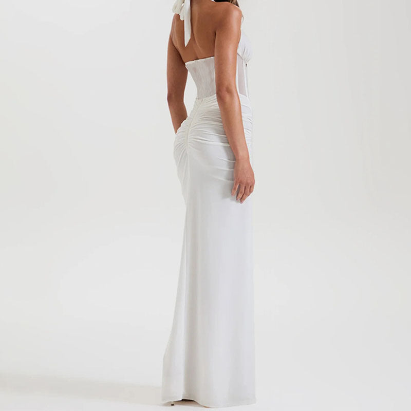 Caroline White & Black Halter Neck Corset Maxi Dress with Sheer Bodice