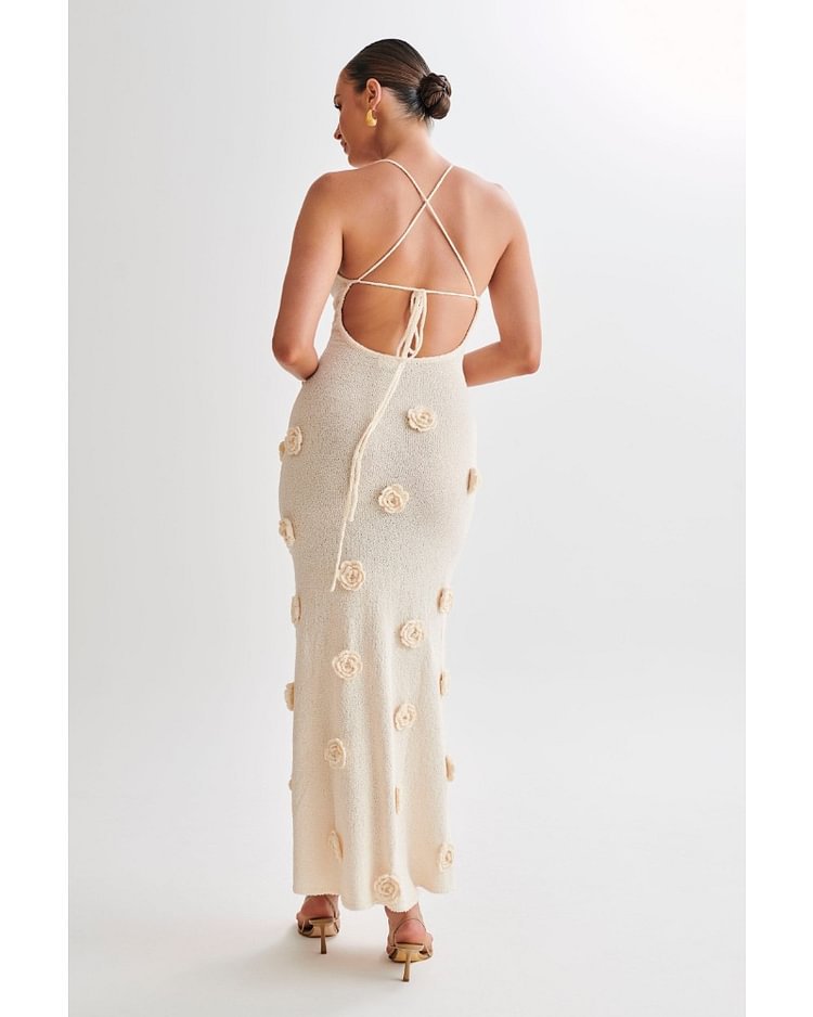 Ivory Floral Appliqué Maxi Dress – Elegant Sleeveless Evening Gown