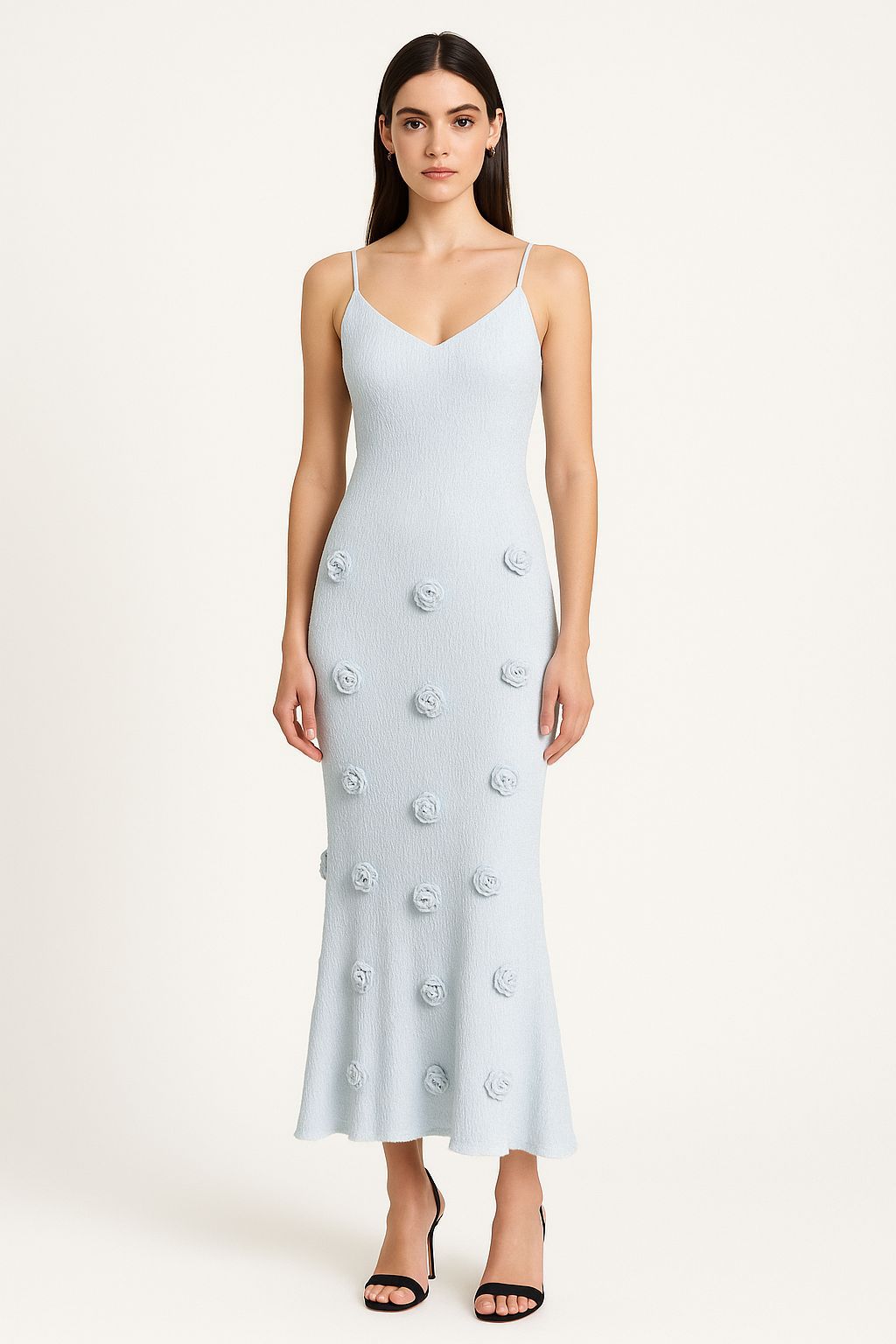 Ivory Floral Appliqué Maxi Dress – Elegant Sleeveless Evening Gown