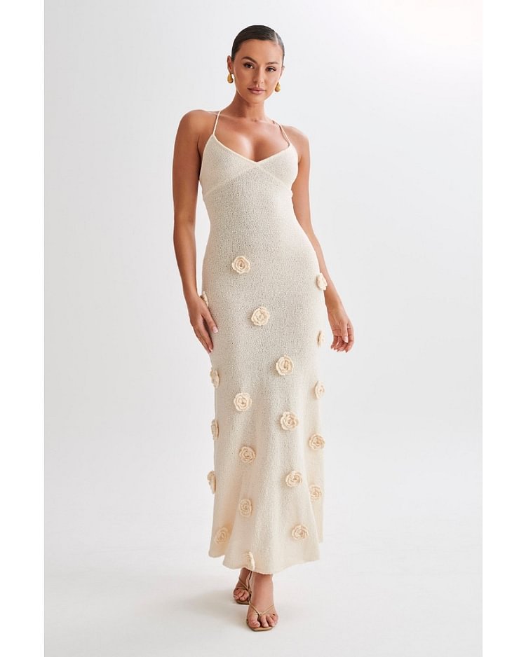 Ivory Floral Appliqué Maxi Dress – Elegant Sleeveless Evening Gown