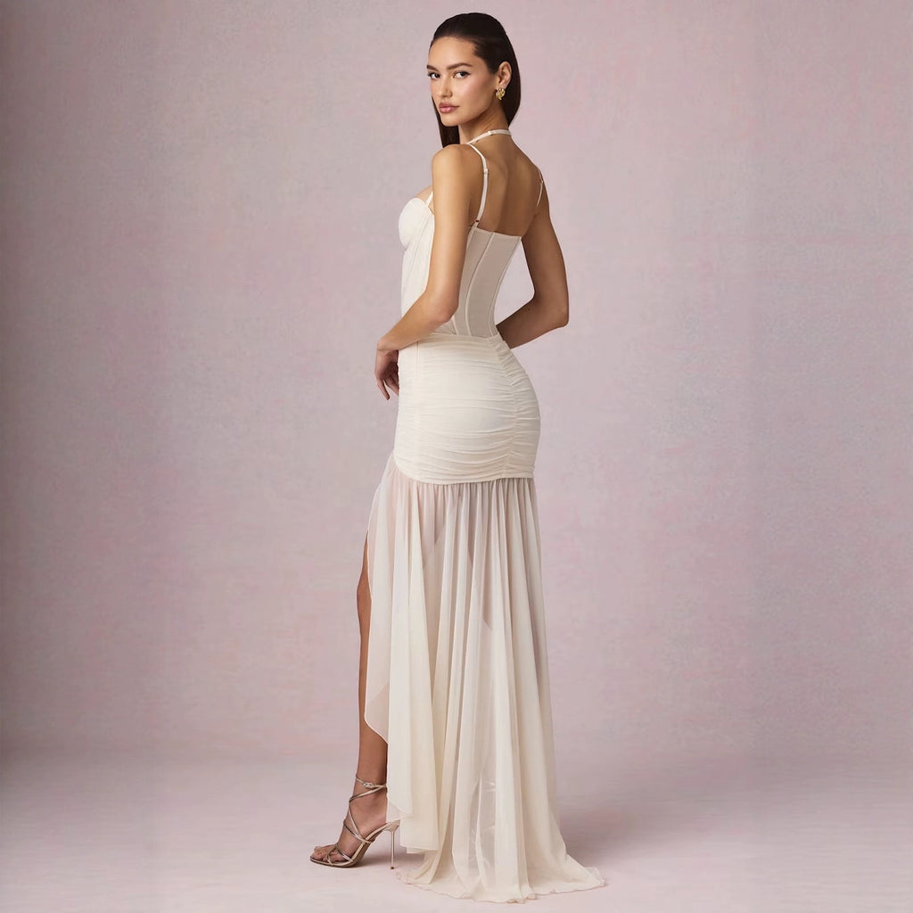 Elegant Lavender Spaghetti Strap Corset Maxi Dress with High Slit and Sheer Ruffles