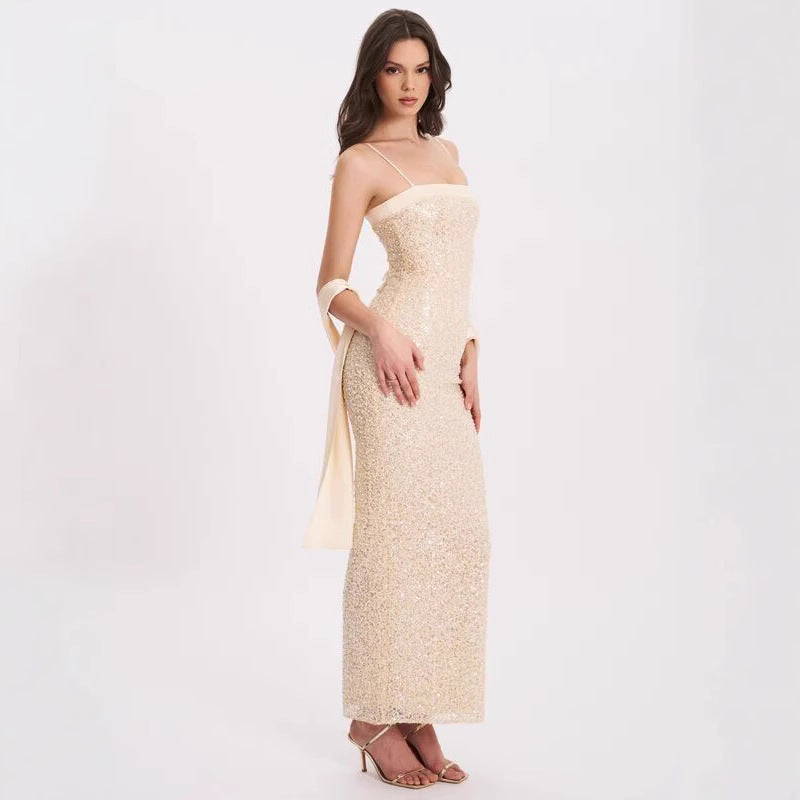 Caroline Nude Sequin Beaded Spaghetti Strap High Slit Evening Gown