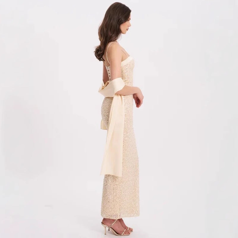 Caroline Nude Sequin Beaded Spaghetti Strap High Slit Evening Gown