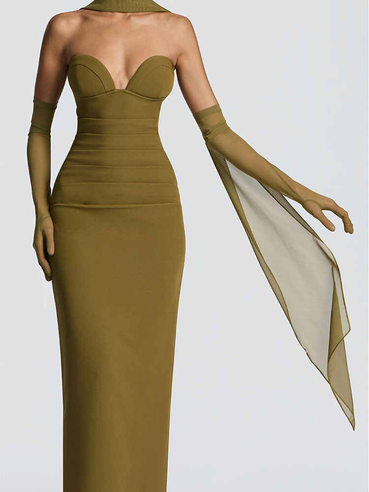Elegant Olive Green Strapless Maxi Evening Dress with Gloves