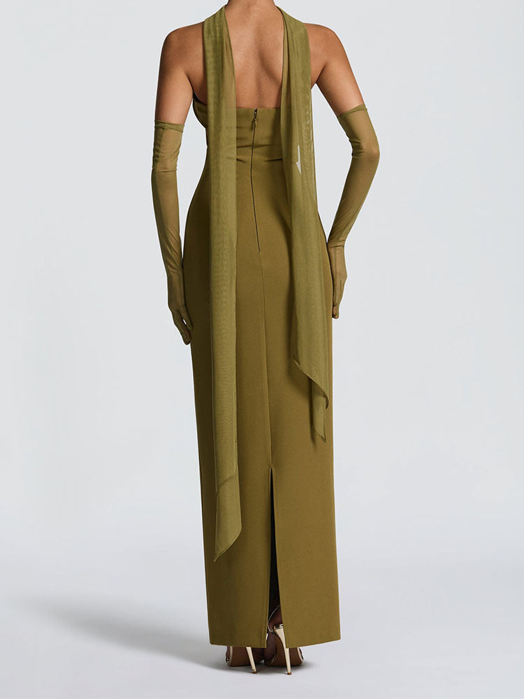Elegant Olive Green Strapless Maxi Evening Dress with Gloves