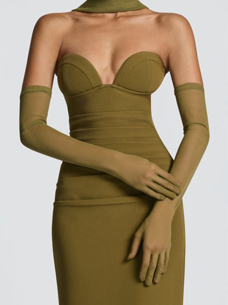 Elegant Olive Green Strapless Maxi Evening Dress with Gloves