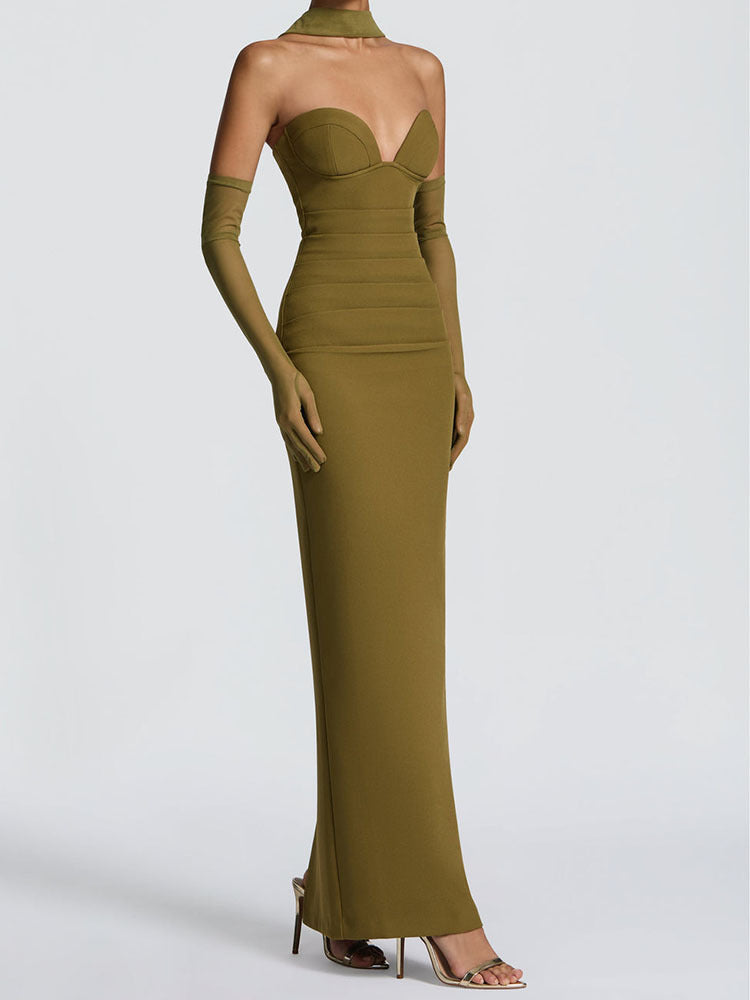 Elegant Olive Green Strapless Maxi Evening Dress with Gloves