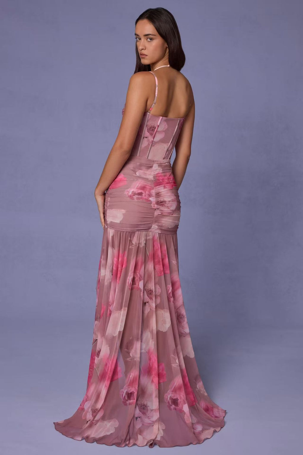 Pink Floral Sheer Corset Maxi Dress with High Slit