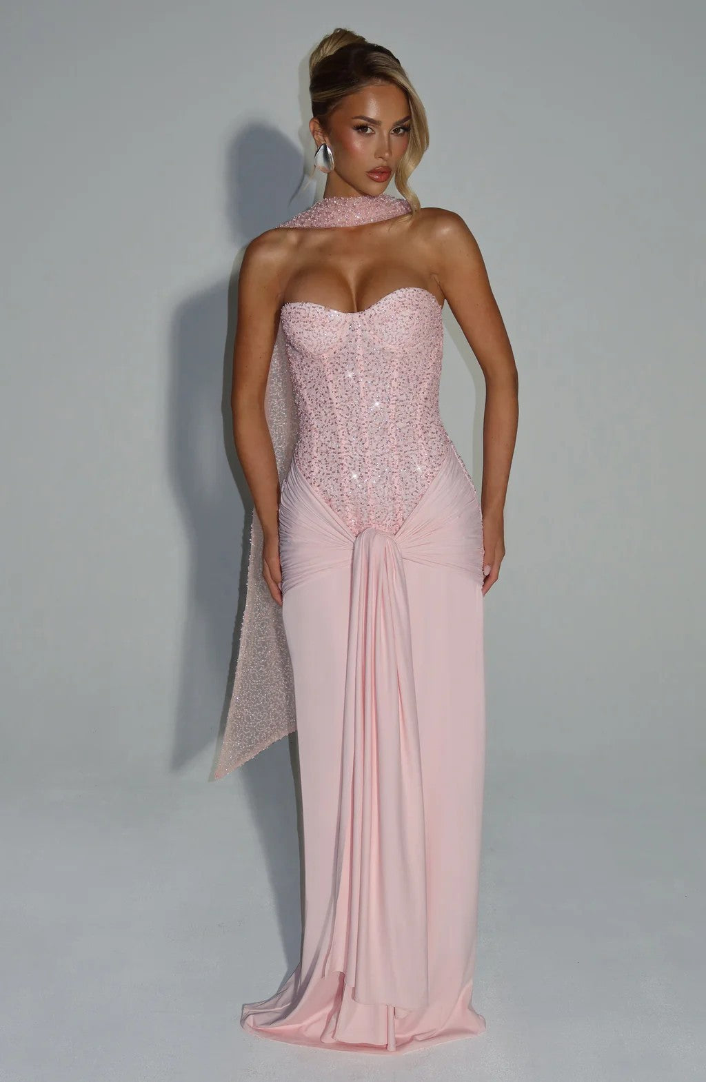 Strapless Sequin Corset Evening Gown with Scarf Detail