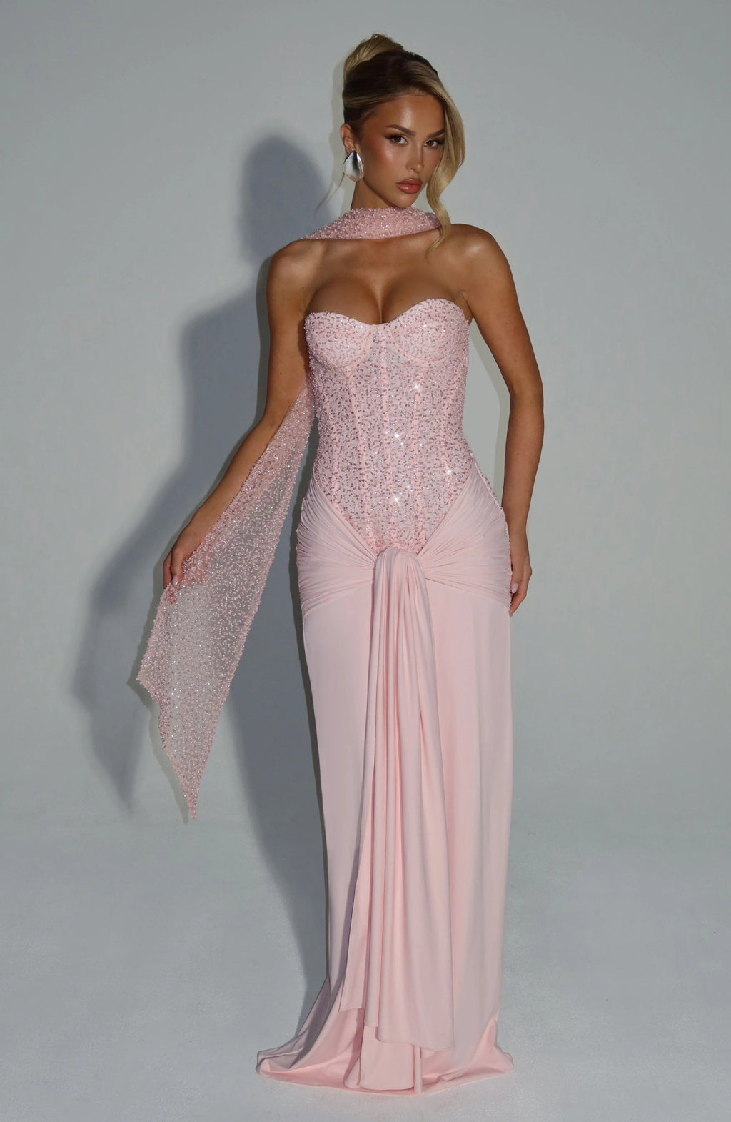 Strapless Sequin Corset Evening Gown with Scarf Detail