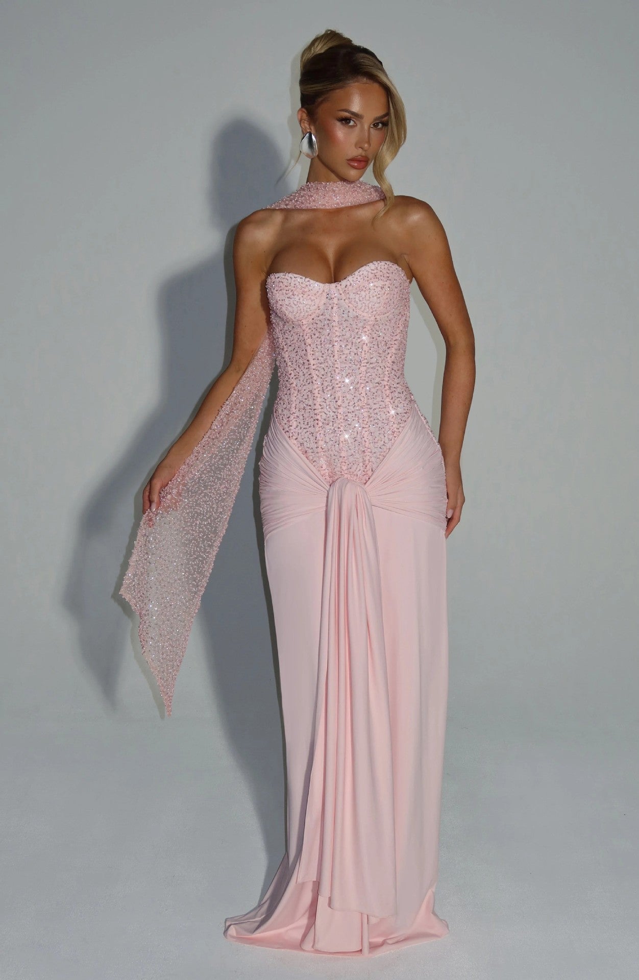 Strapless Sequin Corset Evening Gown with Scarf Detail