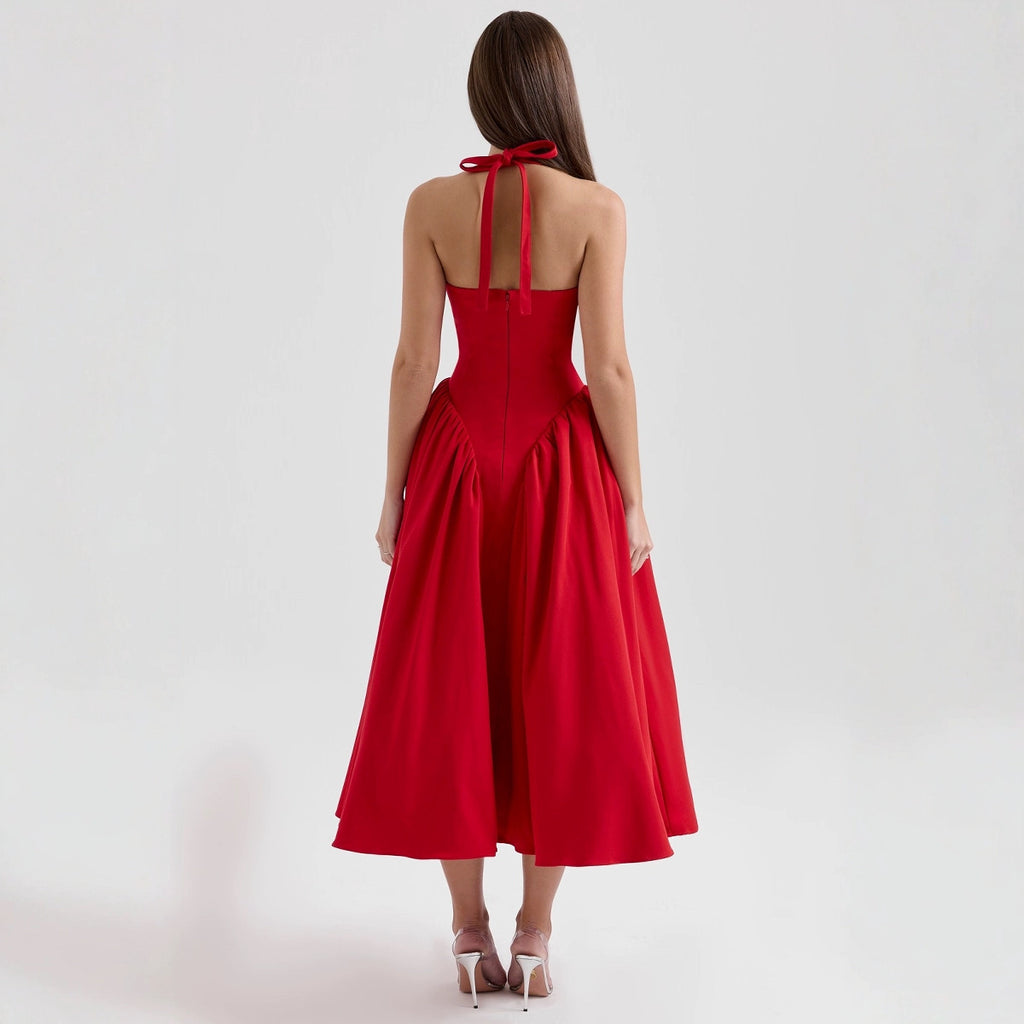 Red Halter Deep V-Neck Backless Midi Dress – Elegant Sleeveless Evening Gown