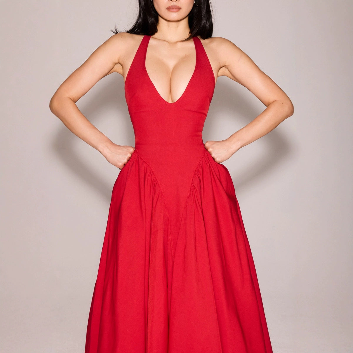 Red Halter Deep V-Neck Backless Midi Dress – Elegant Sleeveless Evening Gown