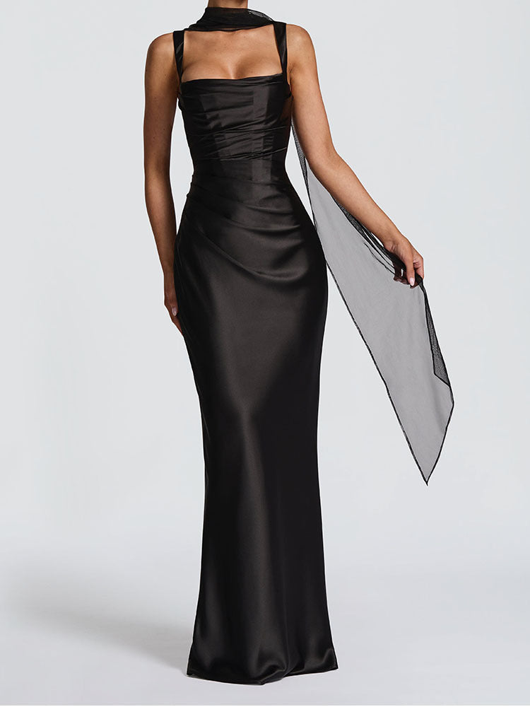 Elegant Satin Pink Evening Gown with Square Neck and Gloves