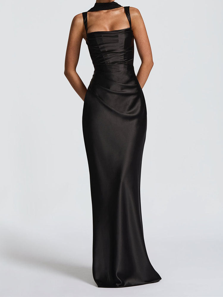 Elegant Satin Pink Evening Gown with Square Neck and Gloves