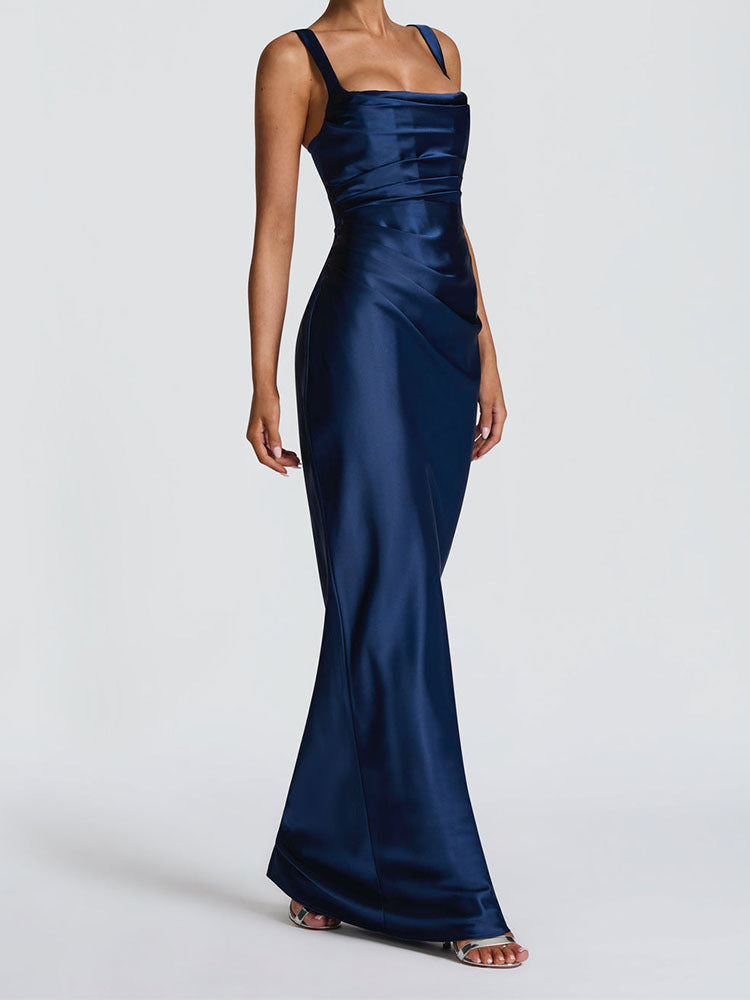 Elegant Satin Pink Evening Gown with Square Neck and Gloves