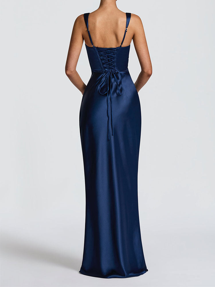 Elegant Satin Pink Evening Gown with Square Neck and Gloves