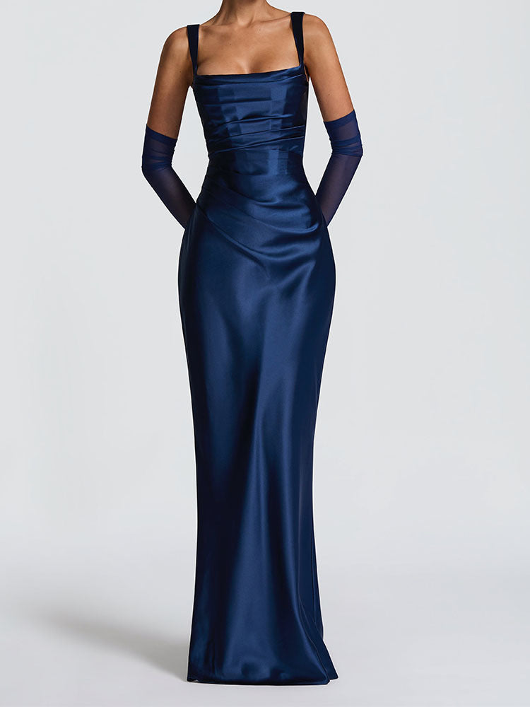 Elegant Satin Pink Evening Gown with Square Neck and Gloves