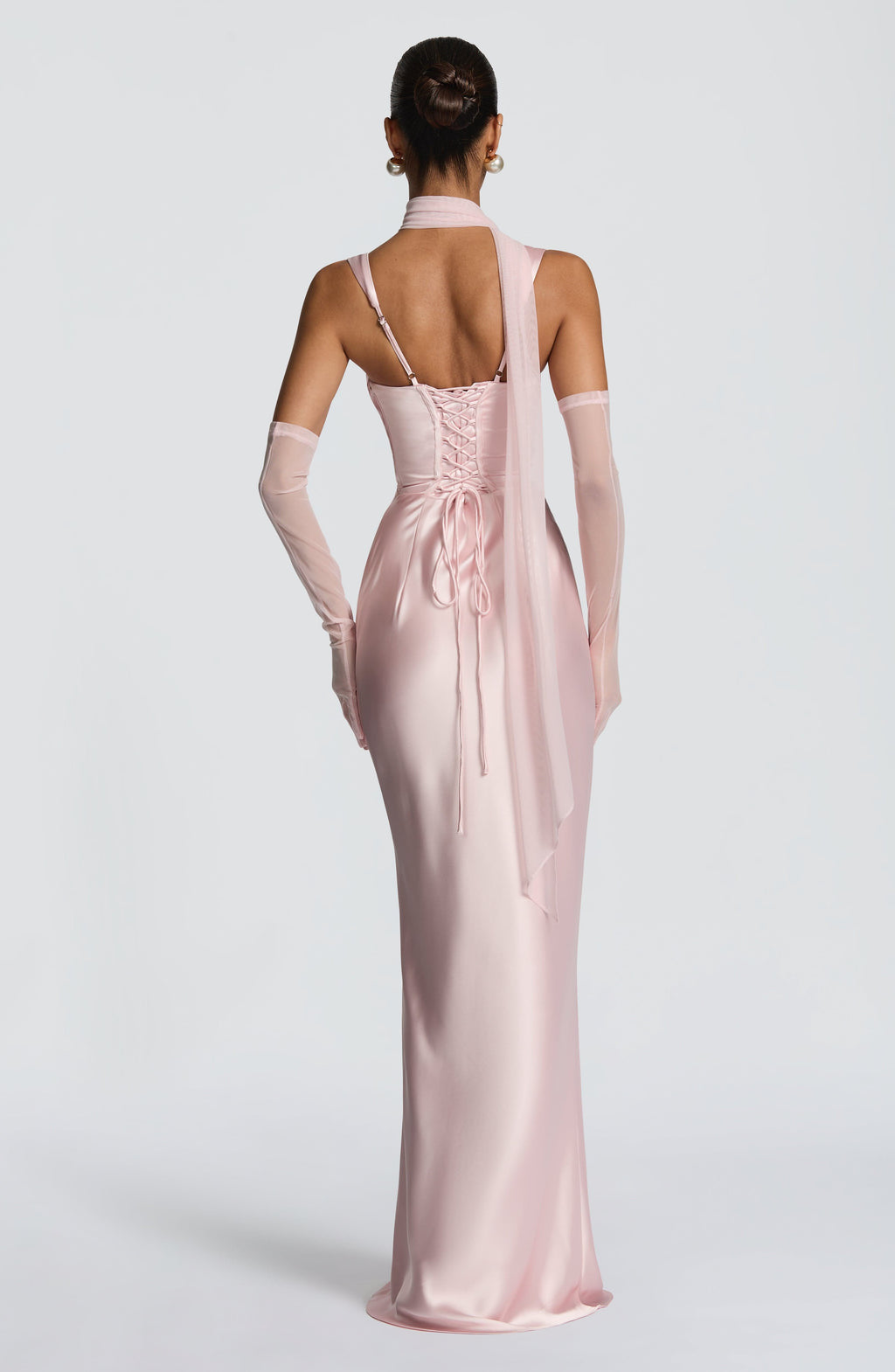 Elegant Satin Pink Evening Gown with Square Neck and Gloves