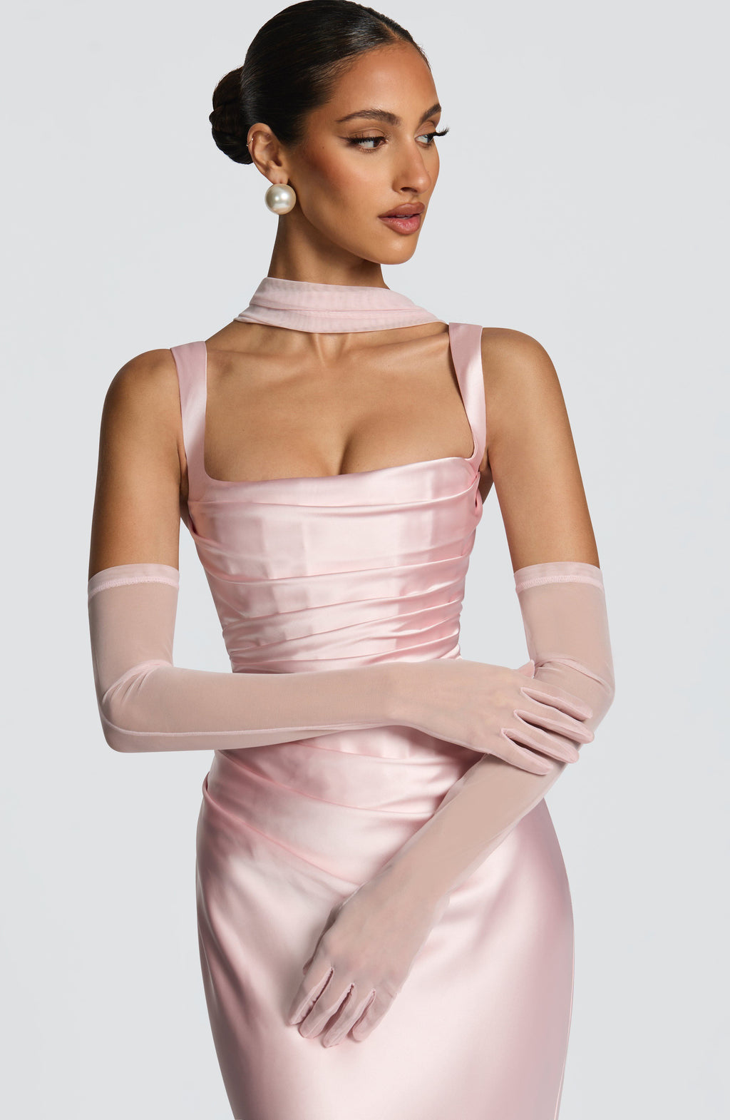 Elegant Satin Pink Evening Gown with Square Neck and Gloves